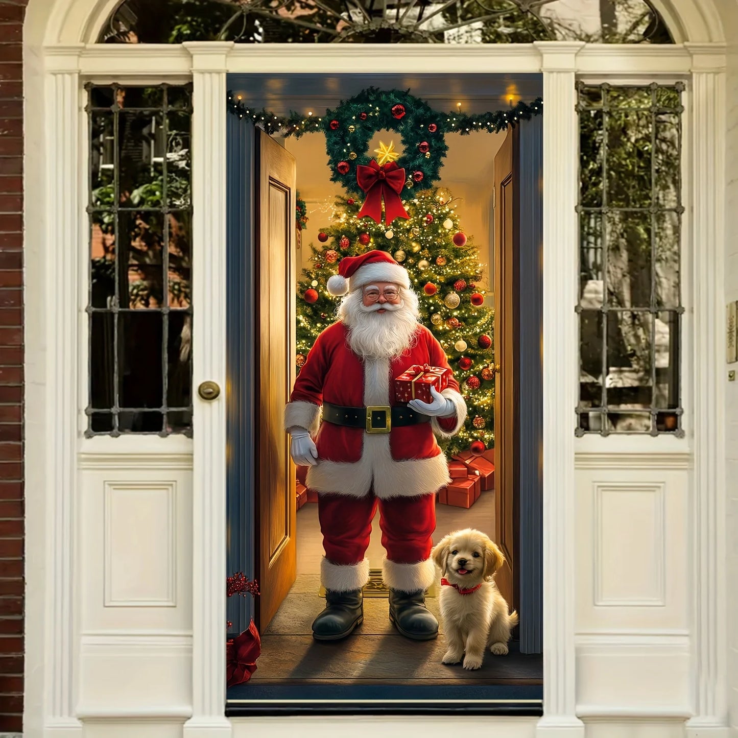 Christmas Tree Door Cover and Santa Claus Festive Holiday Decoration, Winter themed photography Versatile Hanging for Entrance