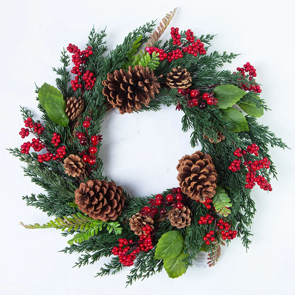 YeeNanee Christmas Decoration Wreaths for Front Door Handmade Cypress Leaf Red Berry Pine Wreath Xmas Home Wall Window Decor