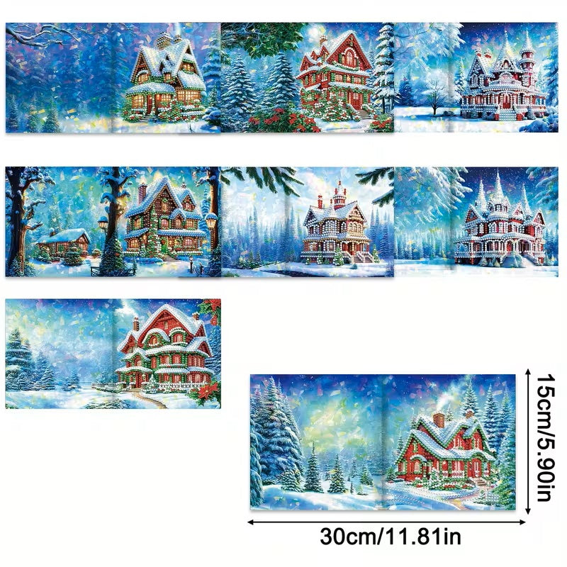 8 Winter Snow House Christmas Greeting Card Diamond Jewel Art COMPLETED & SEALED