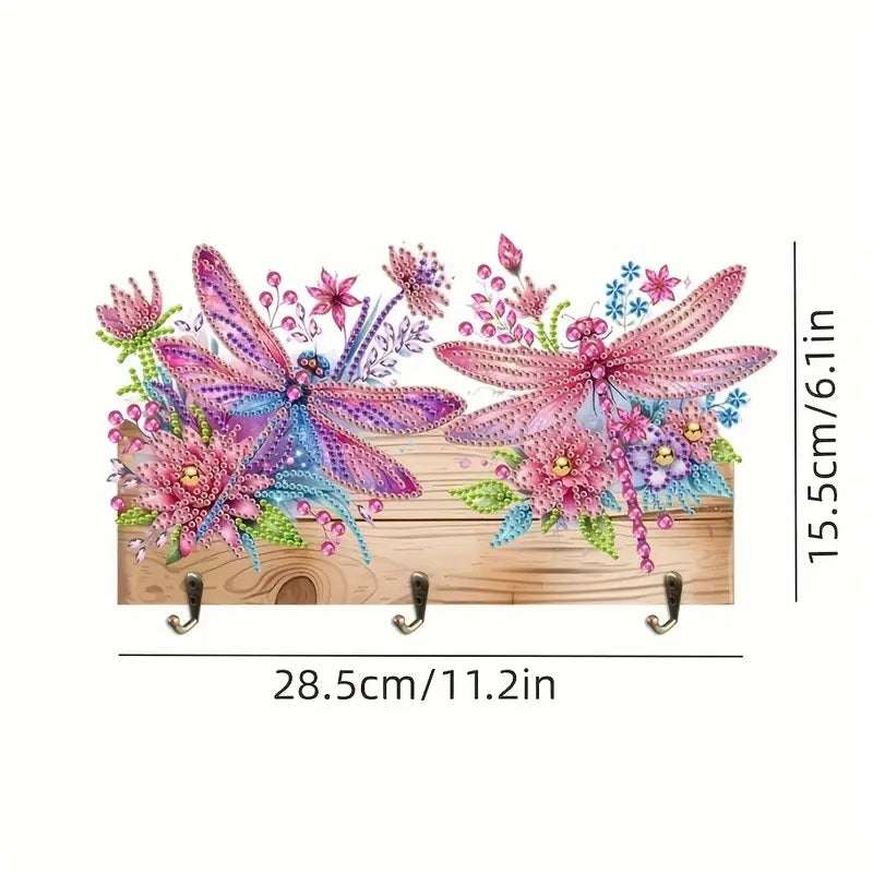 Vibrant Dragonfly Design Key Holder, Acrylic Round Diamonds, Colorful Wall Art image 3