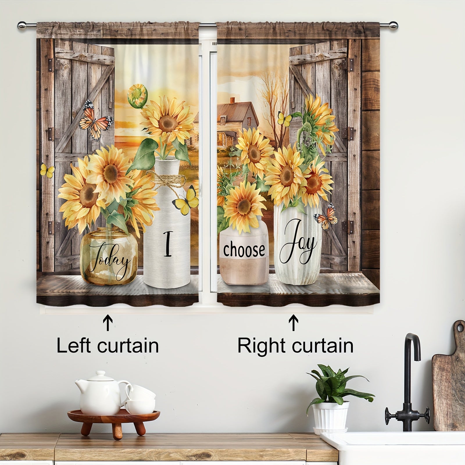 Vintage Farmhouse Curtain 2pcs Polyester Country Sunflower Kitchen Curtain - 27. image 7