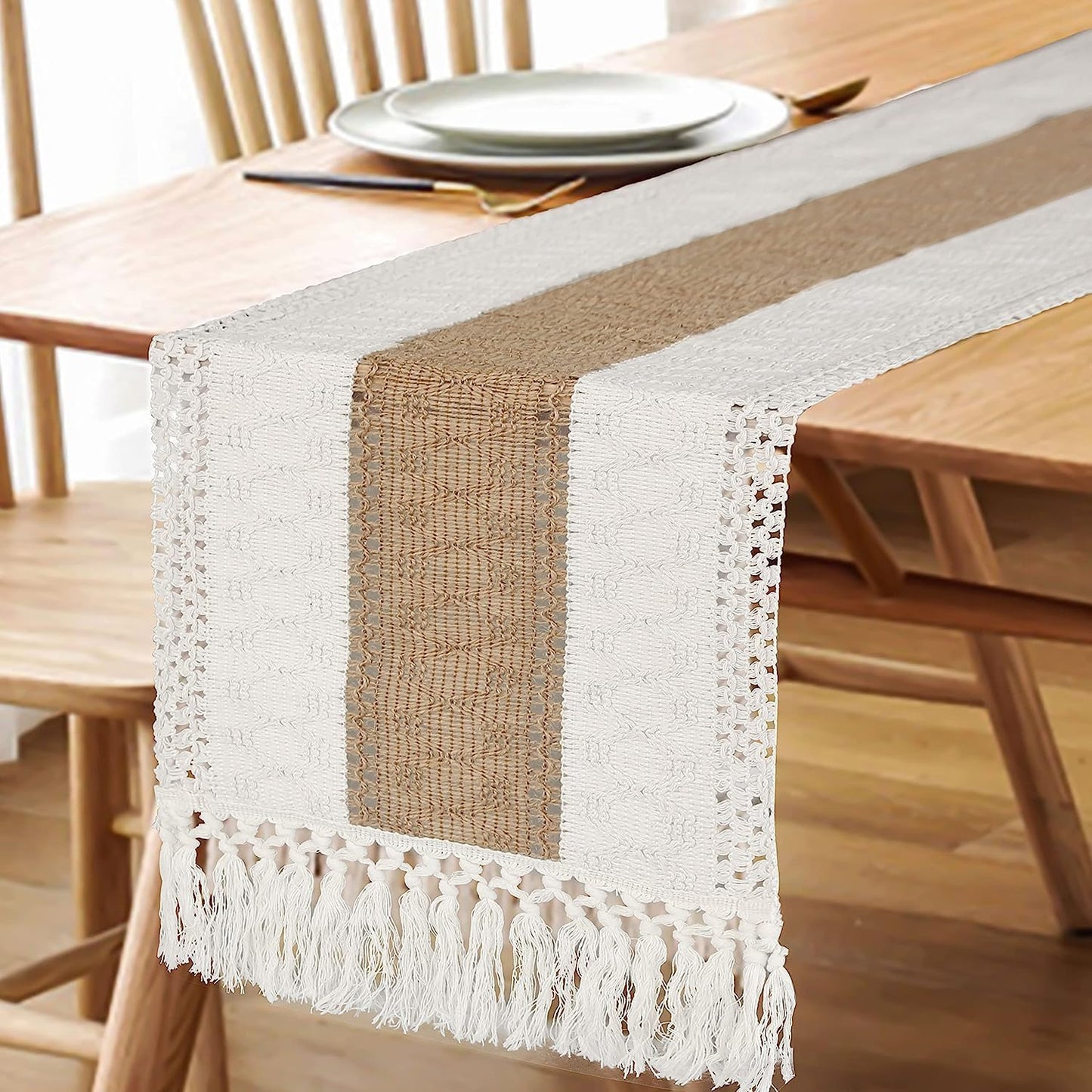 Table Runner for Summer Home Decor with Tassels Long Farmhouse Rustic Table Runn image 4