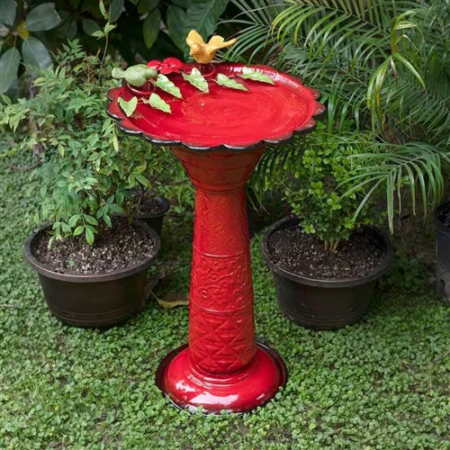 Red Metal Outdoor Garden Patio Birdbath with Decorative Bird Leaf Figurines image 1