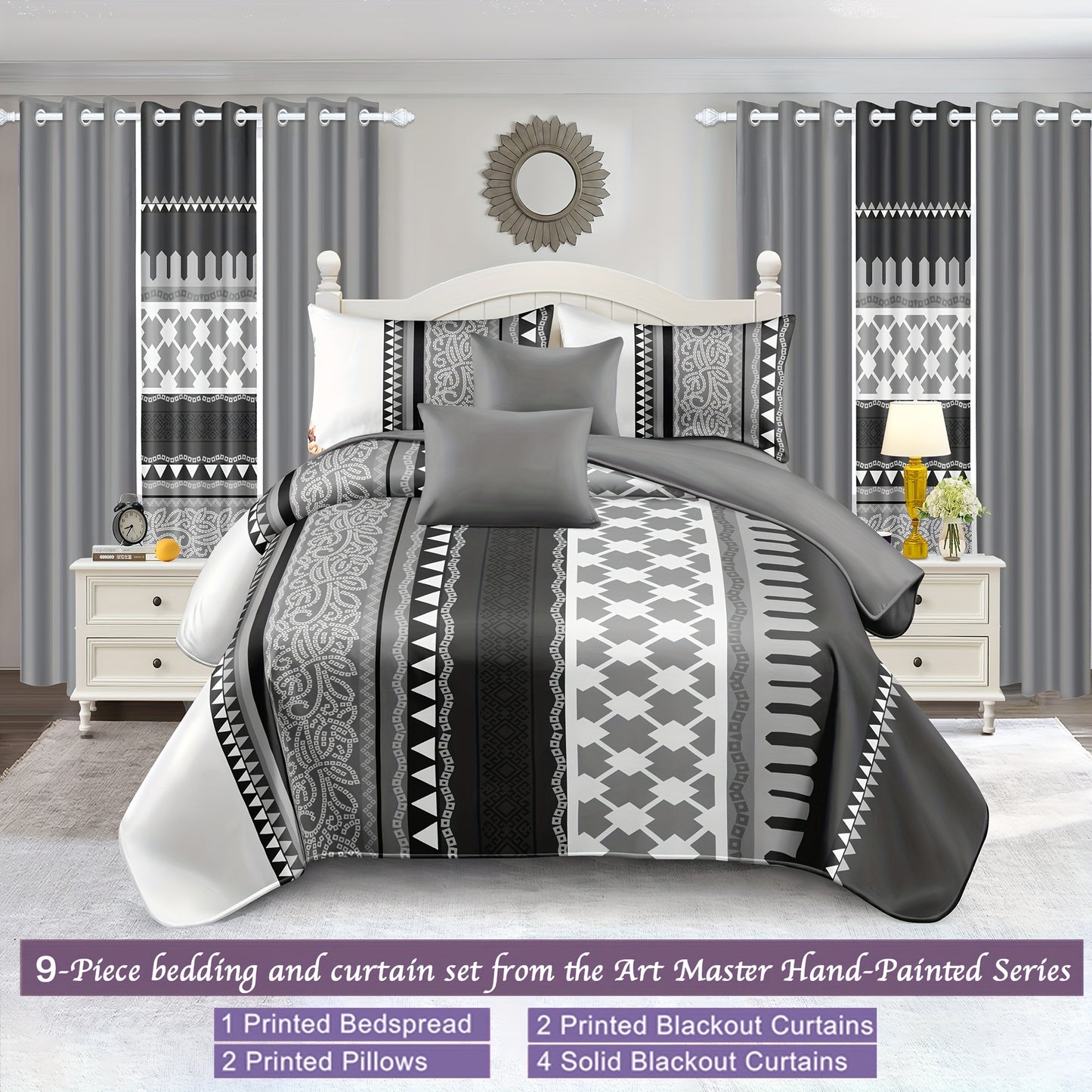 ROYBERRY Luxury Curtain and Bedding 9pcs Set, Simple and Noble Bedroom Decoratio image 0