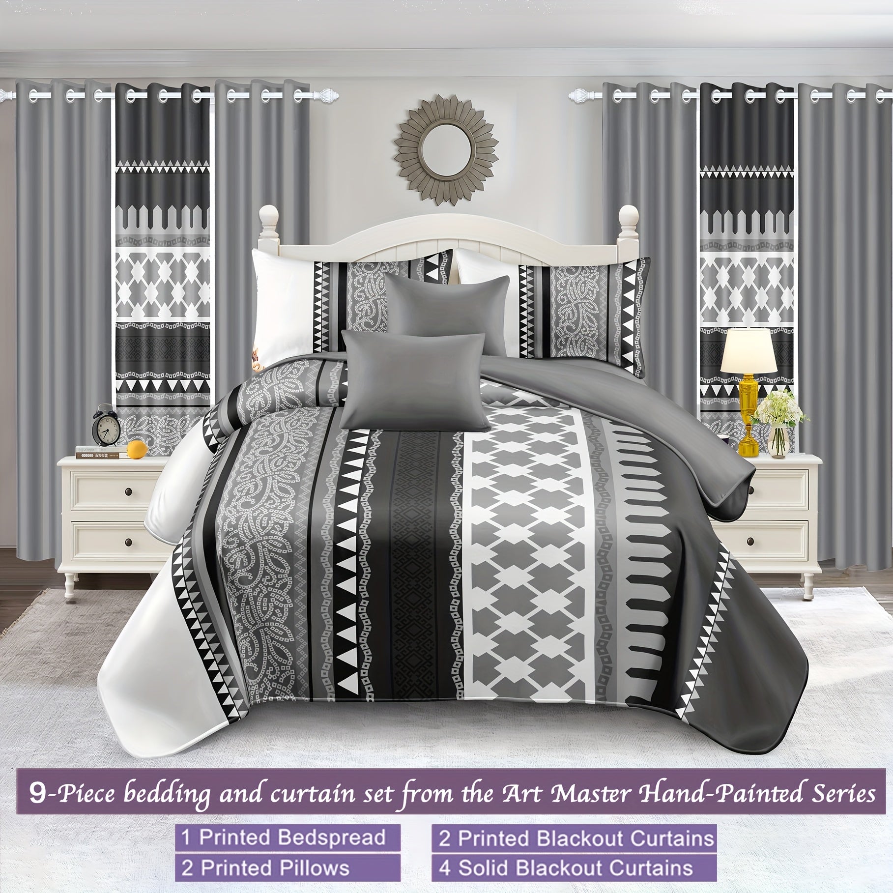 ROYBERRY Luxury Curtain and Bedding 9pcs Set, Simple and Noble Bedroom Decoratio image 0