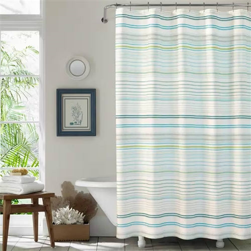 72-inch Sea Breeze Blue Green White Cabana Stripe Cotton Shower Curtain image 0