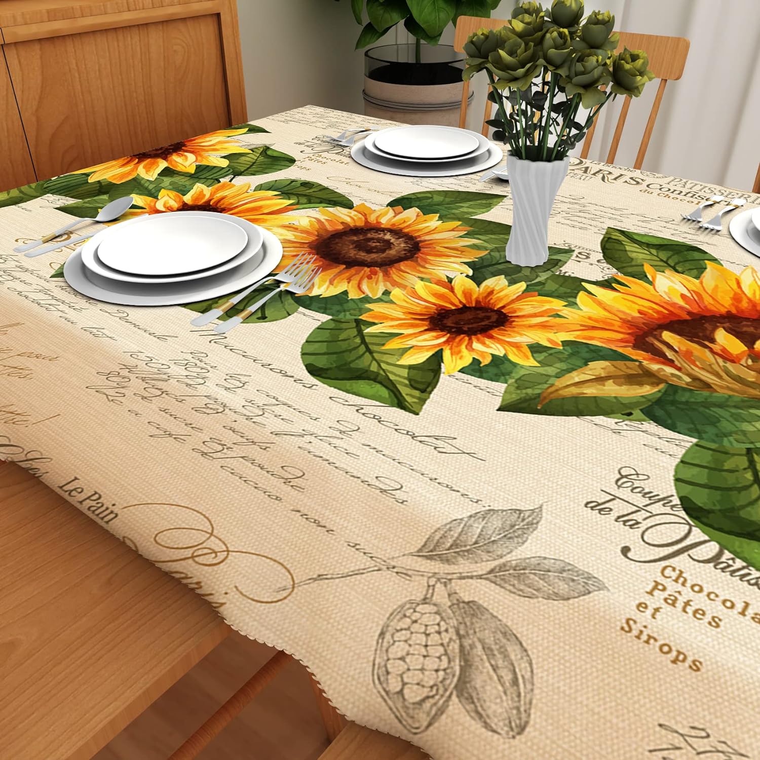 Sunflower Rectangle Tablecloths Yellow Flowers Leaves Printed Table Cloth for Fa image 1