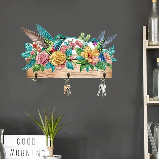 Vibrant Hummingbird Design Key Holder, Wood Round Diamonds, Colorful Wall Art image 0