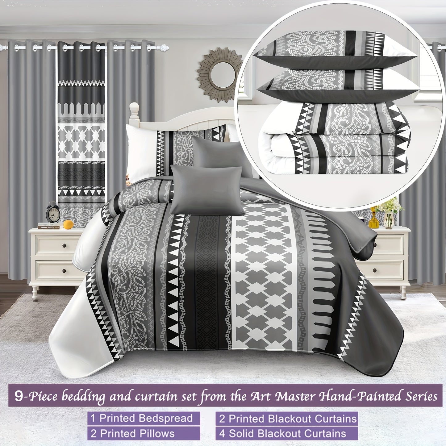 ROYBERRY Luxury Curtain and Bedding 9pcs Set, Simple and Noble Bedroom Decoratio image 6