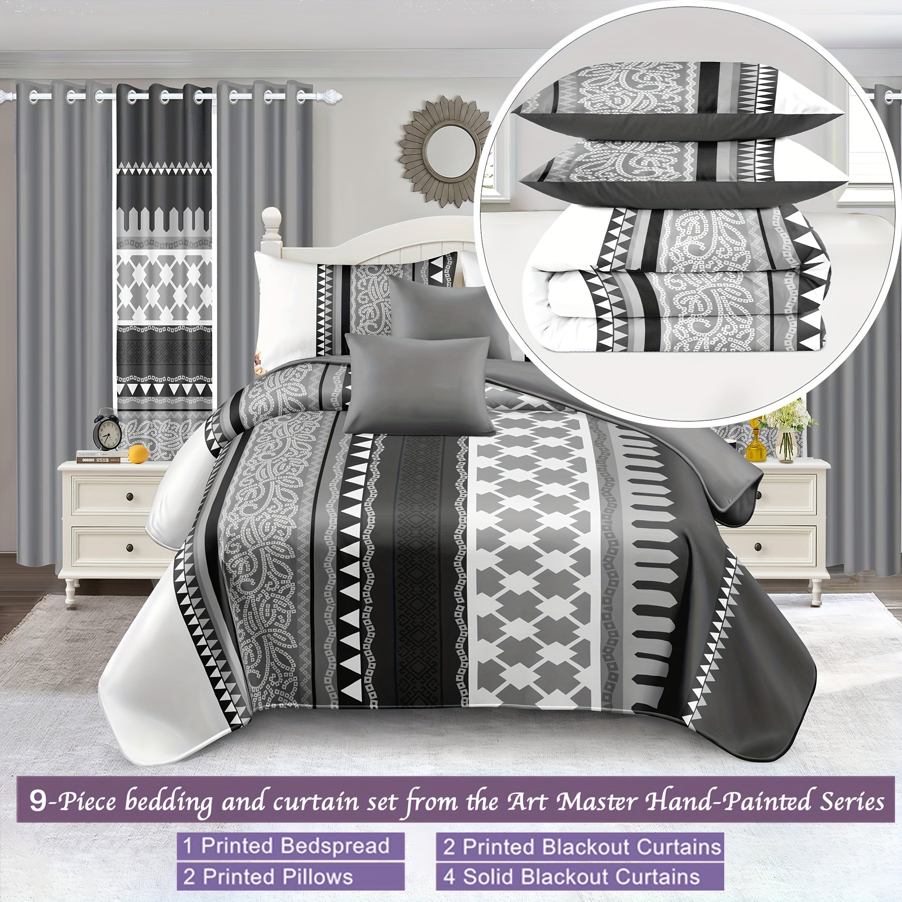 ROYBERRY Luxury Curtain and Bedding 9pcs Set, Simple and Noble Bedroom Decoratio image 6