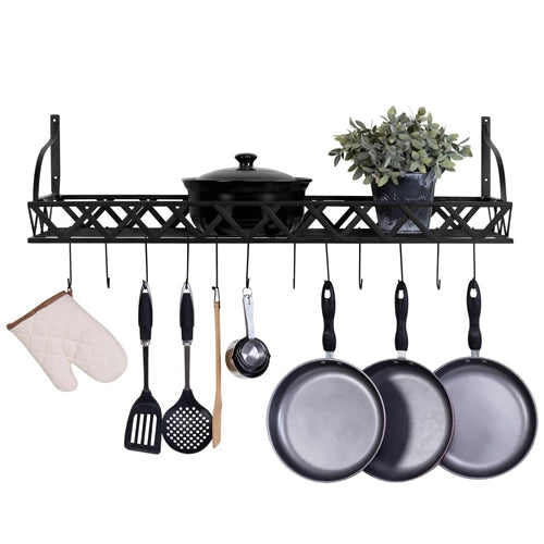 Black Metal Rectangular Wall Mounted Kitchen Pot Rack with 12 Hanging Hooks image 1
