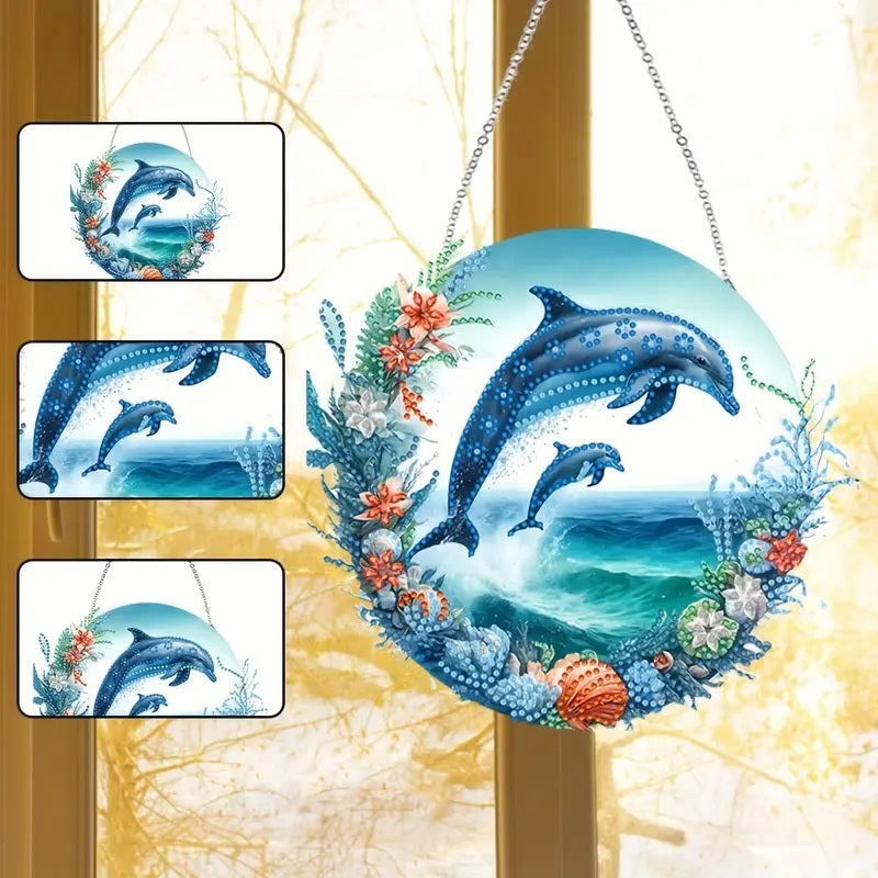 Dolphins Hanging Acrylic Diamond Jewel Art Double-Sided Decor COMPLETED SEALED image 0