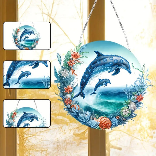 Dolphins Hanging Acrylic Diamond Jewel Art Double-Sided Decor COMPLETED SEALED image 0