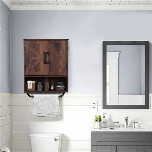 Farmhouse Bathroom Wall Cabinet with Towel Bar in 3 Colors Brown Wood Finish image 6
