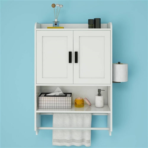 White Bathroom Wall Cabinet with Towel Bar and Storage Shelf image 0