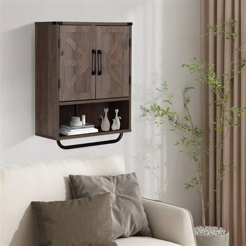 Farmhouse Bathroom Wall Cabinet with Towel Bar in 3 Colors Brown Wood Finish image 9