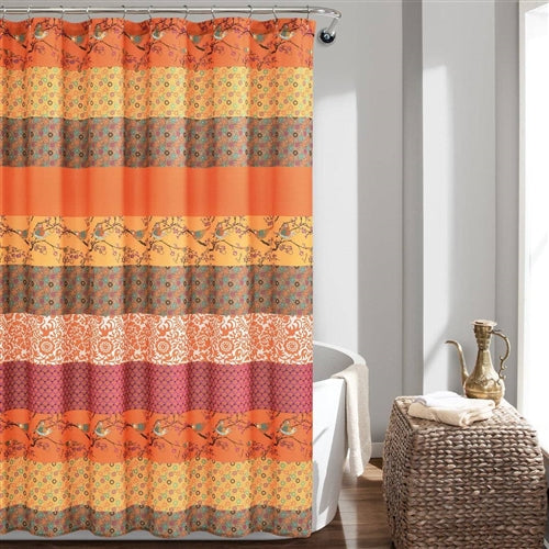 72-inch Orange Teal Floral Damask Boho Birds Polyester Shower Curtain image 1