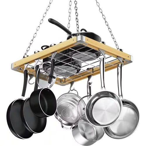 Rectangular 23.5-inch Metal Wood Ceiling Mounted Kitchen Pot Rack image 0