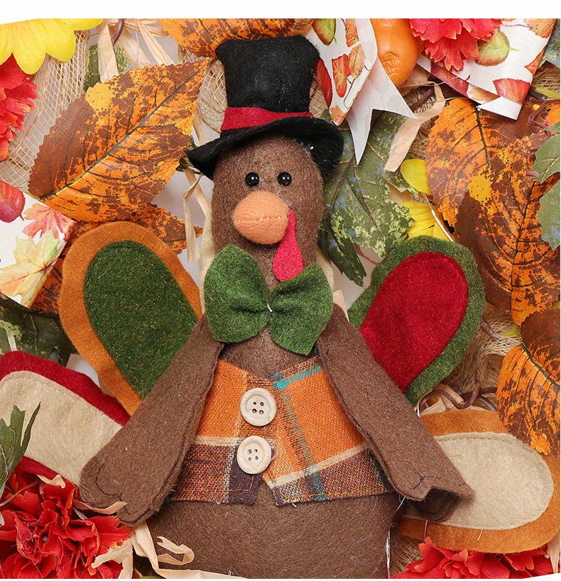 Fall Wreath with Scarecrow Turkey, 17 Inch Autumn Harvest Thanksgiving Wreath Artificial Sunflowers Maple Leaves Berries