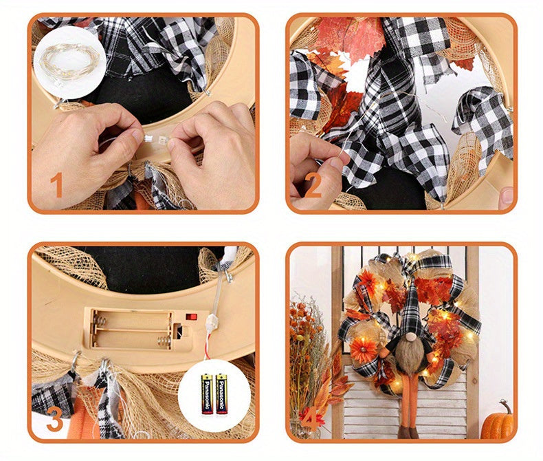 Fall Wreath with Scarecrow Turkey, 17 Inch Autumn Harvest Thanksgiving Wreath Artificial Sunflowers Maple Leaves Berries