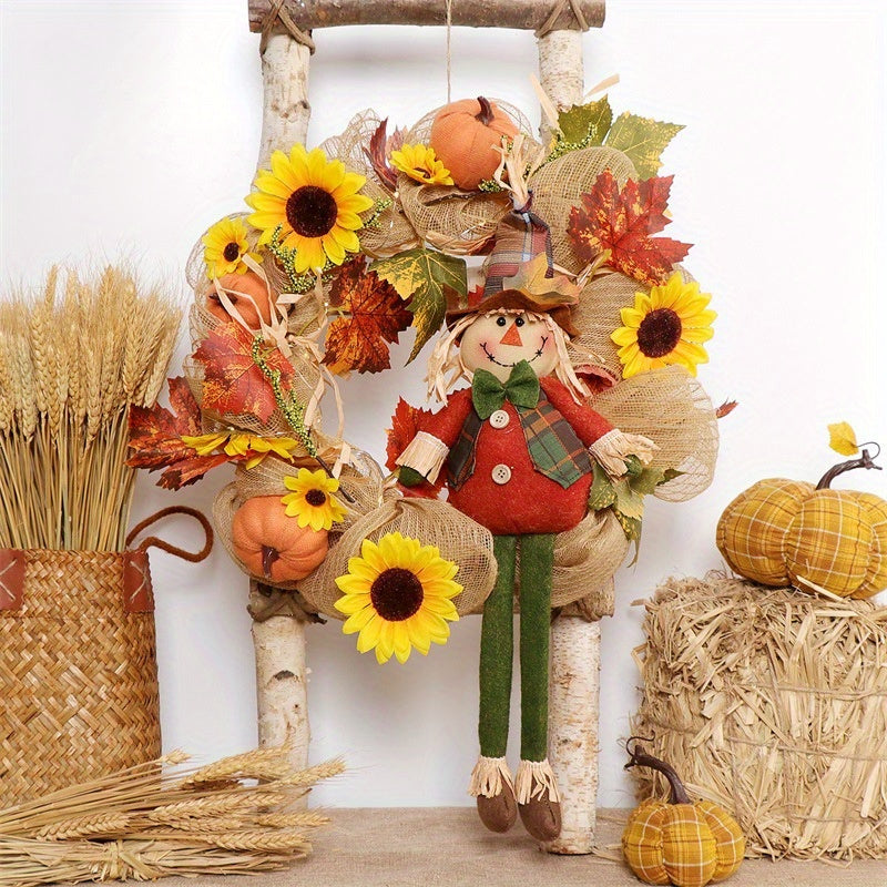 Fall Wreath with Scarecrow Turkey, 17 Inch Autumn Harvest Thanksgiving Wreath Artificial Sunflowers Maple Leaves Berries