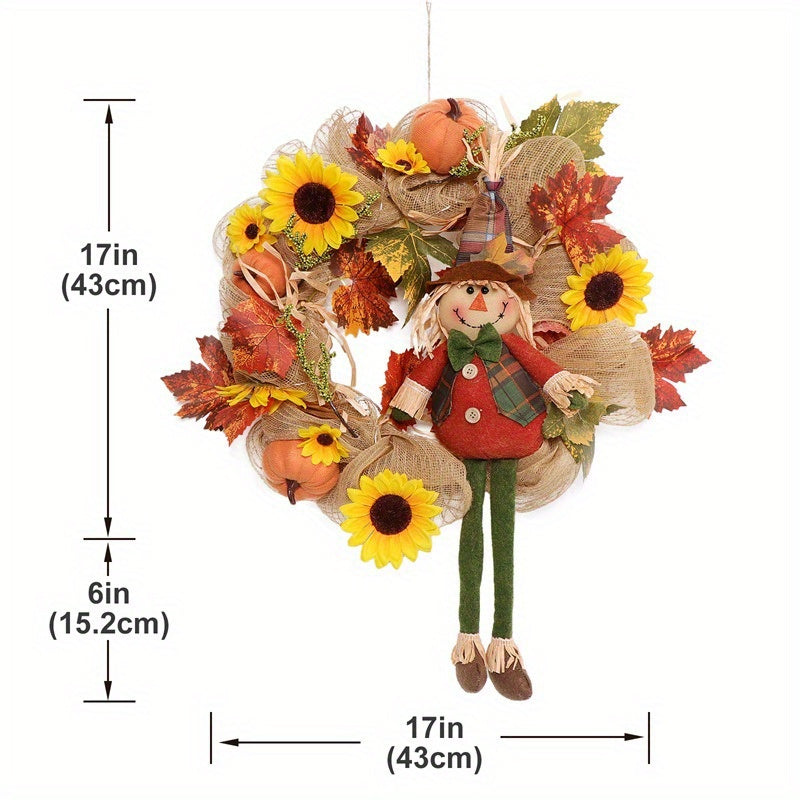 Fall Wreath with Scarecrow Turkey, 17 Inch Autumn Harvest Thanksgiving Wreath Artificial Sunflowers Maple Leaves Berries