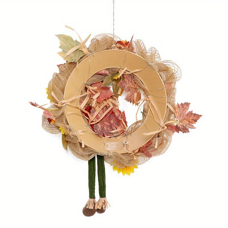 Fall Wreath with Scarecrow Turkey, 17 Inch Autumn Harvest Thanksgiving Wreath Artificial Sunflowers Maple Leaves Berries