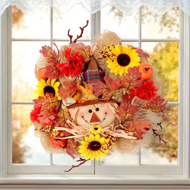 Fall Wreath with Scarecrow Turkey, 17 Inch Autumn Harvest Thanksgiving Wreath Artificial Sunflowers Maple Leaves Berries