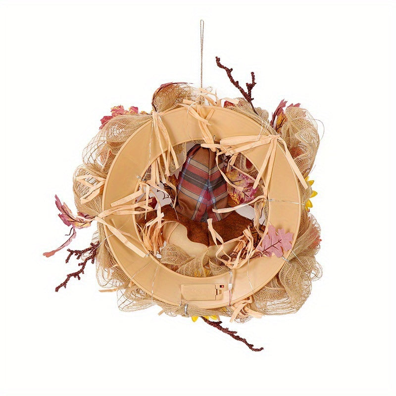 Fall Wreath with Scarecrow Turkey, 17 Inch Autumn Harvest Thanksgiving Wreath Artificial Sunflowers Maple Leaves Berries