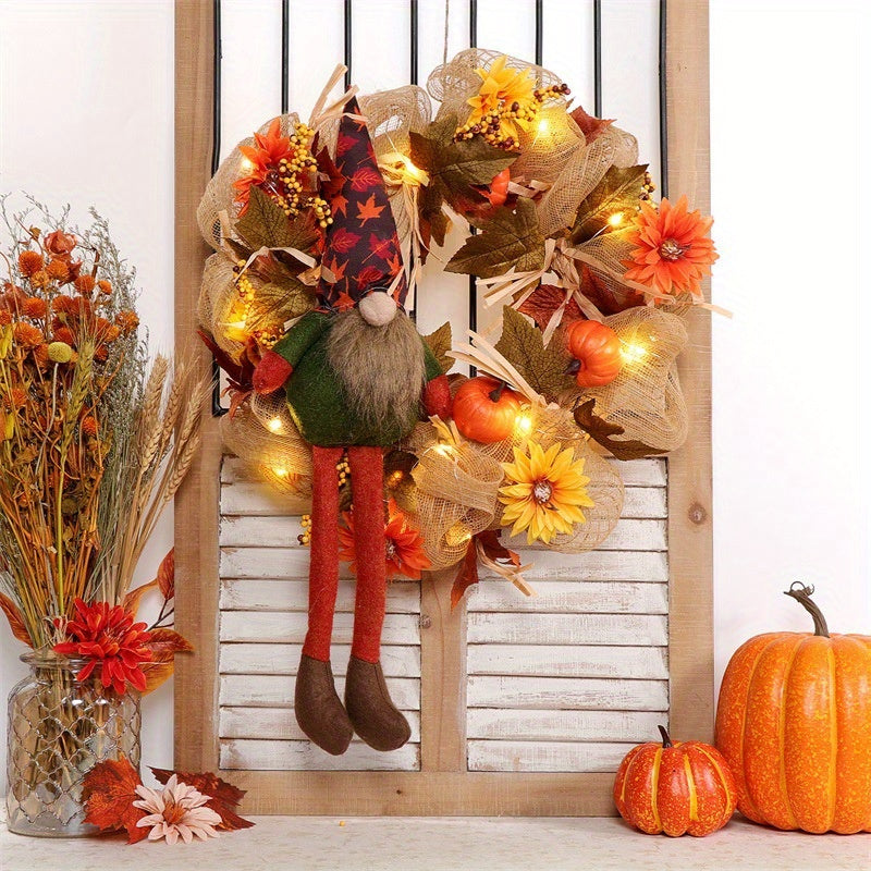 Fall Wreath with Scarecrow Turkey, 17 Inch Autumn Harvest Thanksgiving Wreath Artificial Sunflowers Maple Leaves Berries
