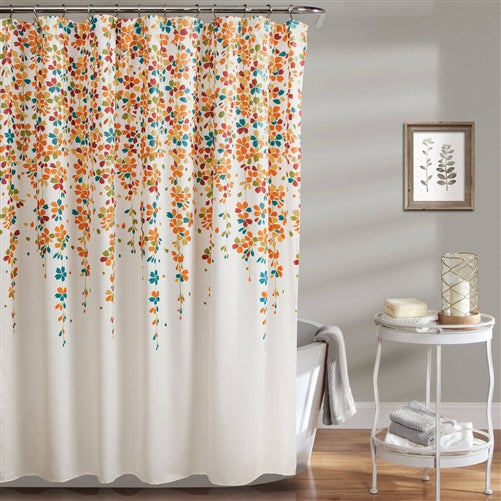 72-inch White Turquoise Blue Orange Floral Flowers Shower Curtain image 0