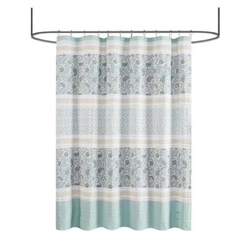 72 x 72-in Cotton Shower Curtain with Teal Blue Grey Cream White Paisley Pattern image 1