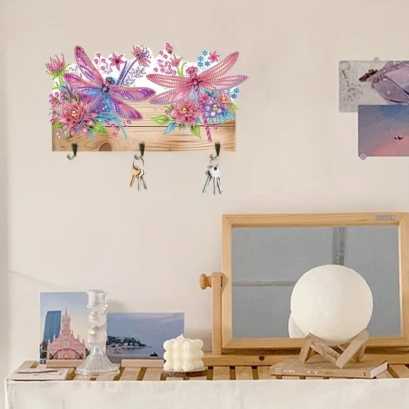 Vibrant Dragonfly Design Key Holder, Acrylic Round Diamonds, Colorful Wall Art image 1