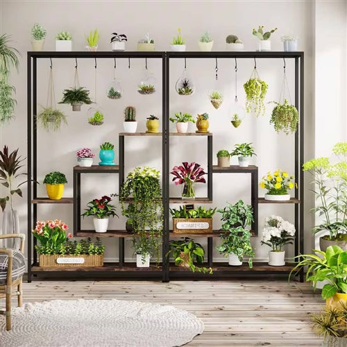 Modern Industrial Heavy Duty Metal Wood Plant Stand with 10 Hanging Hooks image 3