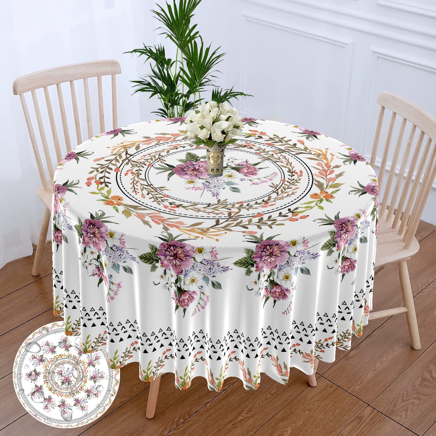 1PC Round Tablecloth with Floral Plant Waterproof Colored Dining Table Cover Mul image 0