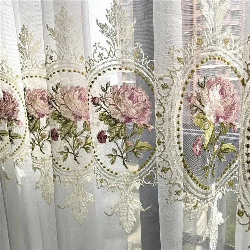 American Luxury Peony Embroidery Tulle Curtain For Living Room European Elegant  image 6