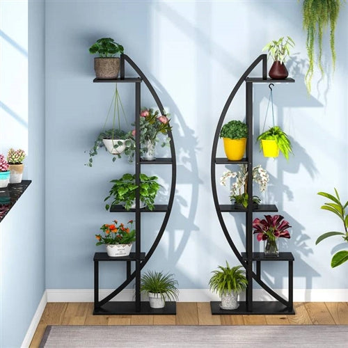 Set of 2 - Symmetrical Modern Black Metal Wood 10-Shelf Plant Stand image 2