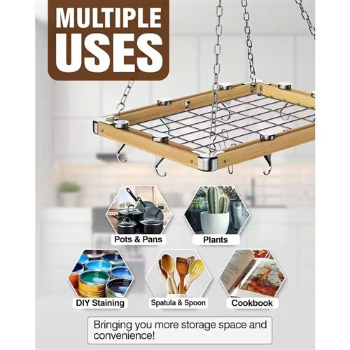 Rectangular 23.5-inch Metal Wood Ceiling Mounted Kitchen Pot Rack image 1