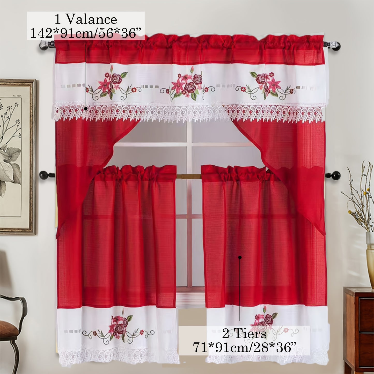 3pcs Bamboo Texture Embroidery Kitchen Curtains Set ROSES Pattern Translucency L image 5