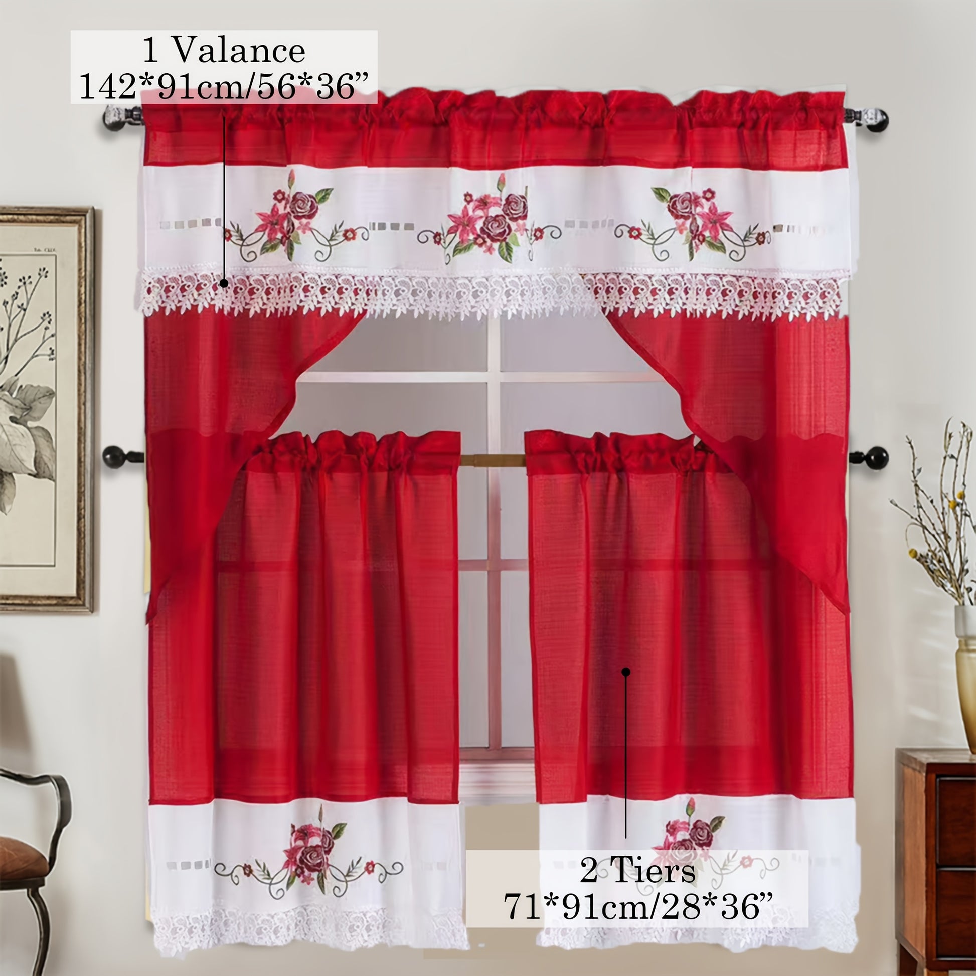 3pcs Bamboo Texture Embroidery Kitchen Curtains Set ROSES Pattern Translucency L image 5