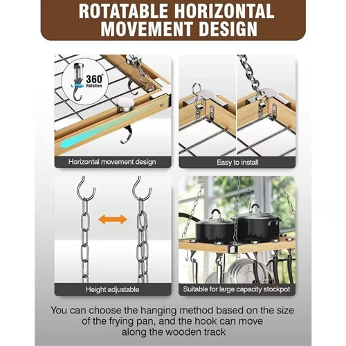 Rectangular 23.5-inch Metal Wood Ceiling Mounted Kitchen Pot Rack image 2