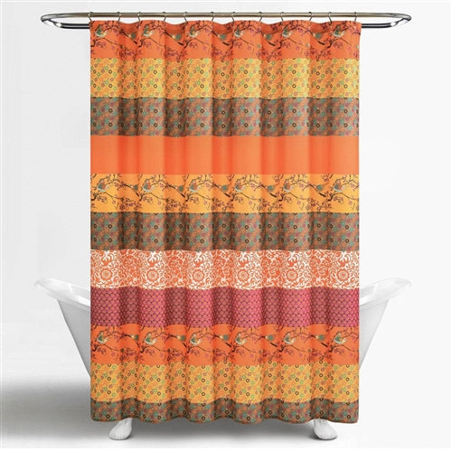 72-inch Orange Teal Floral Damask Boho Birds Polyester Shower Curtain image 0