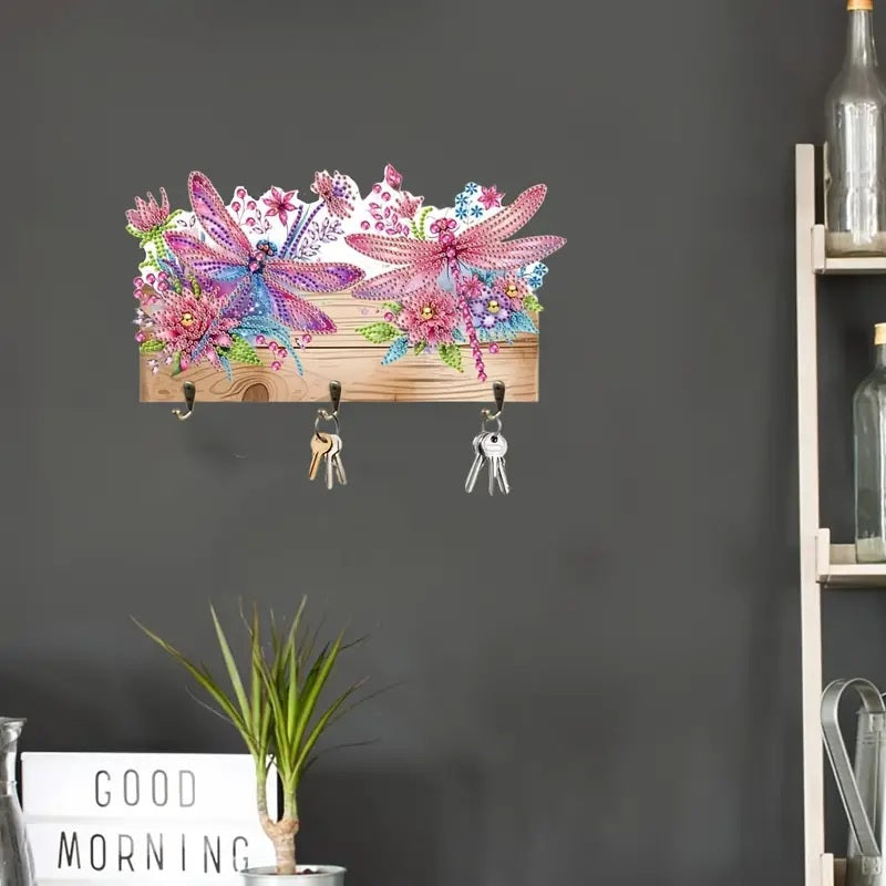 Vibrant Dragonfly Design Key Holder, Acrylic Round Diamonds, Colorful Wall Art image 2