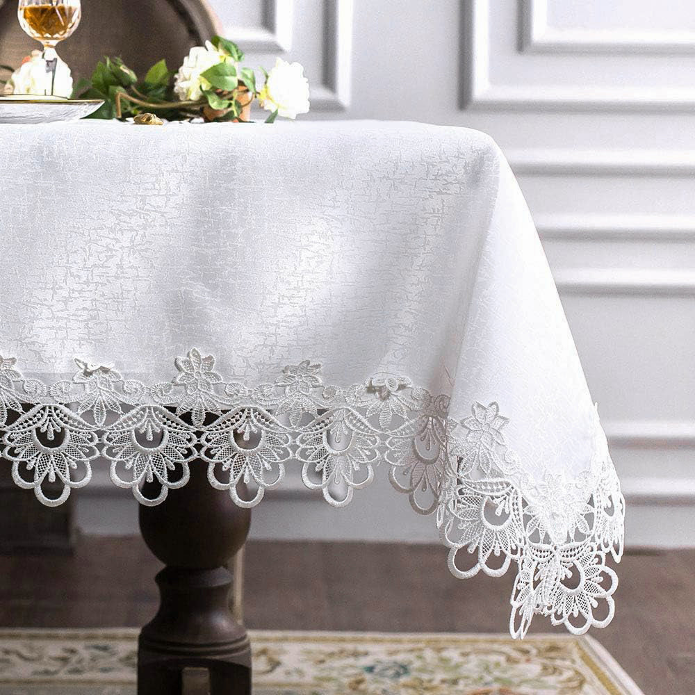 Battilo Lace Embroidery Tablecloth White Floral Rectangle Table Cloth Waterproof image 1