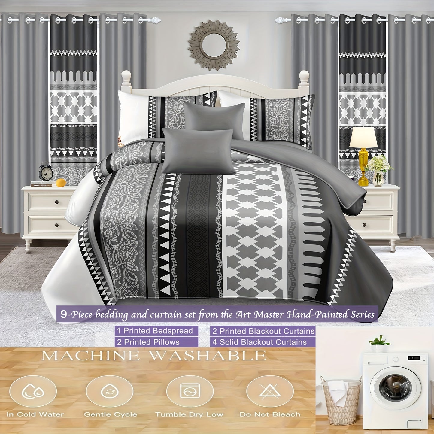 ROYBERRY Luxury Curtain and Bedding 9pcs Set, Simple and Noble Bedroom Decoratio image 1