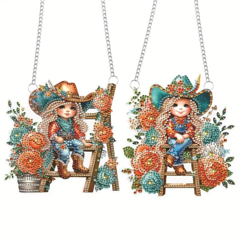 2 Hanging Cowgirls Diamond Jewel Art Decor Set Completed image 0