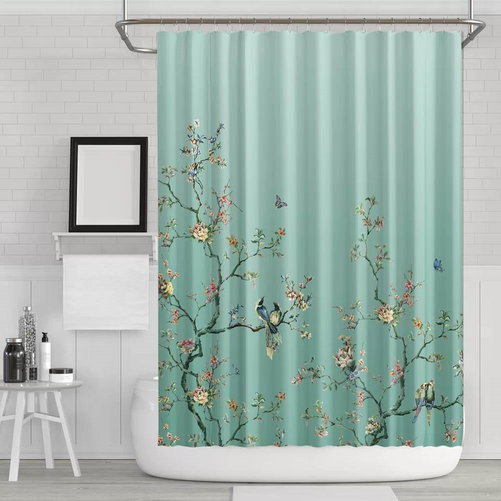 72-in. Teal Blue Green Floral Tree Bird Butterfly Japanese Style Shower Curtain image 0