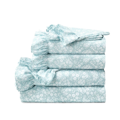 Polyester Blue Ruffle Floral 6 Piece Sheet Set image 1