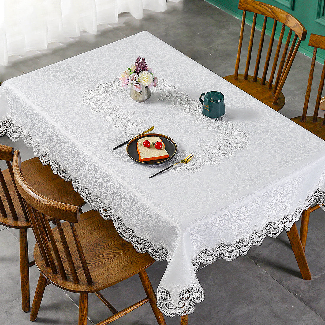 Battilo Lace Embroidery Tablecloth White Floral Rectangle Table Cloth Waterproof image 4