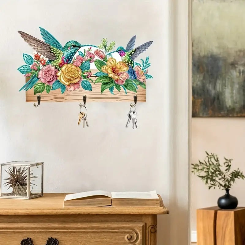 Vibrant Hummingbird Design Key Holder, Wood Round Diamonds, Colorful Wall Art image 1
